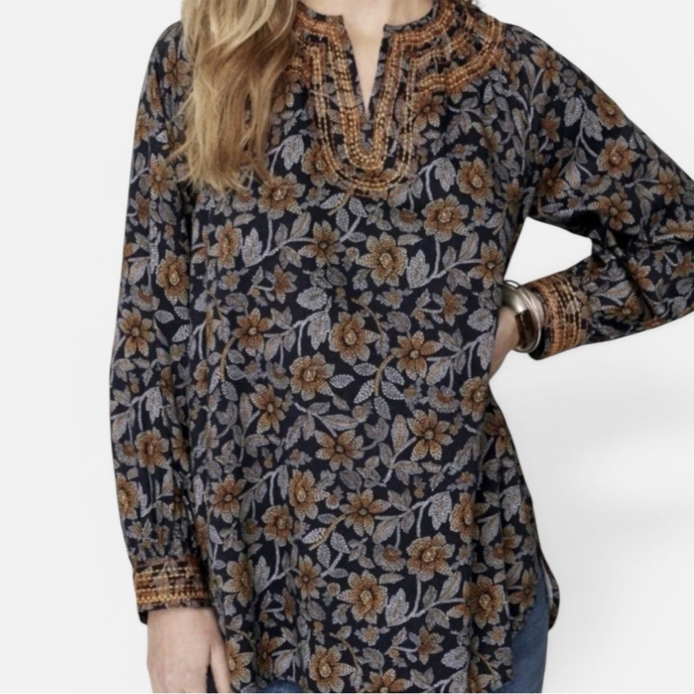 Pure Jill Tunic Top XS Petite Embroidered V-neck Shirt Floral Blueâ Boho Artsy
